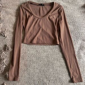 SHEIN Tan Ribbed Long Sleeve Crop Top